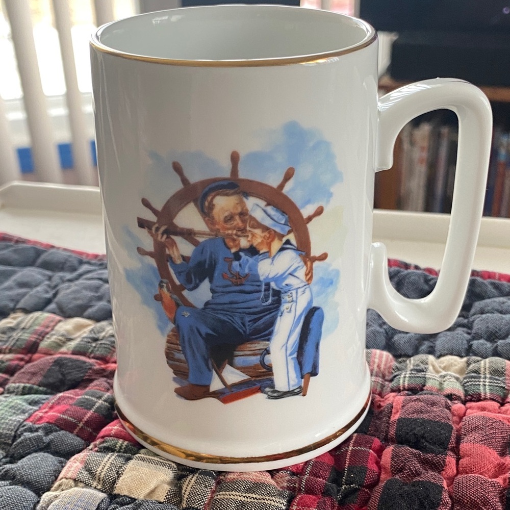 Norman Rockwell White and Blue Sailor Scene Mug with Gold Trim